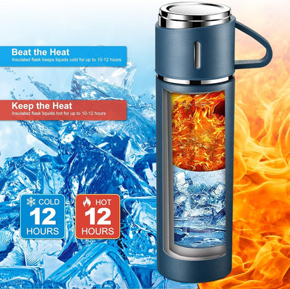 New Shape Vacuum Flask Bottle with 3 Cups and Gift Box