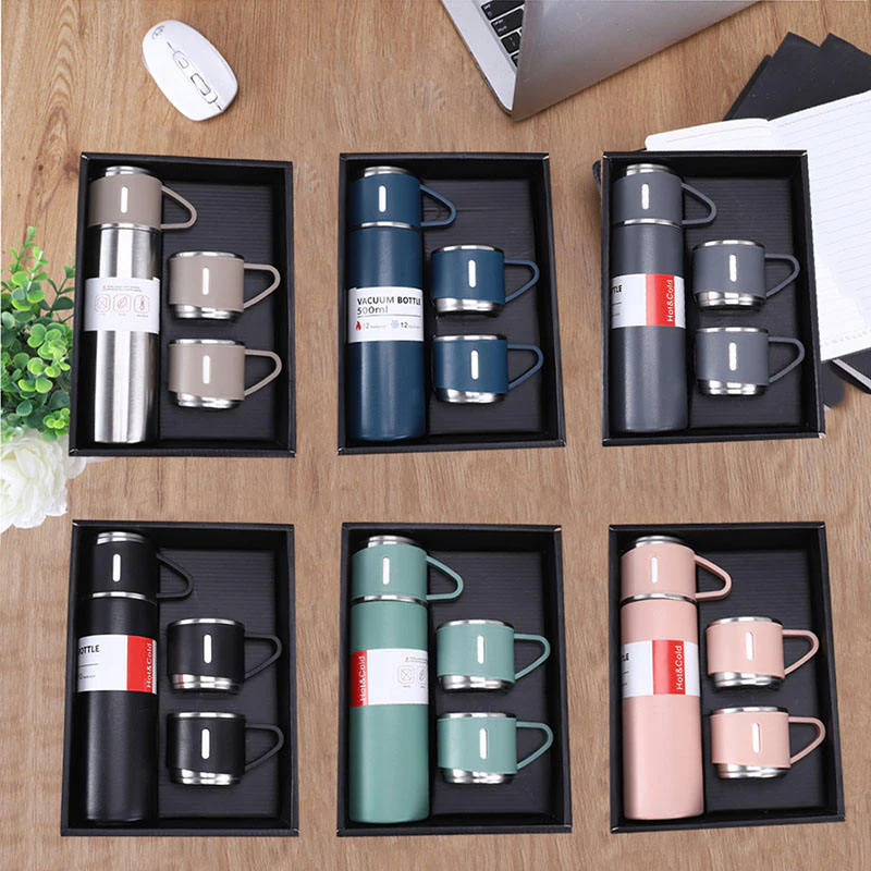 New Shape Vacuum Flask Bottle with 3 Cups and Gift Box