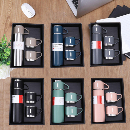 New Shape Vacuum Flask Bottle with 3 Cups and Gift Box
