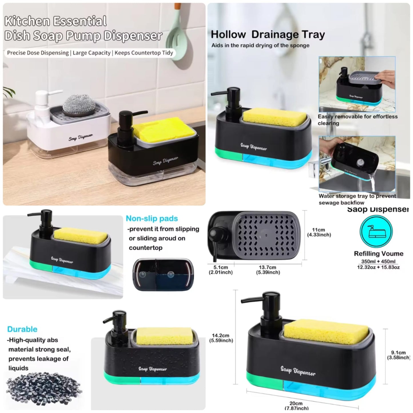 2-in-1 Dish Soap Pump Dispenser with Sponge Storage, Non-Slip Kitchen Sink Organizer